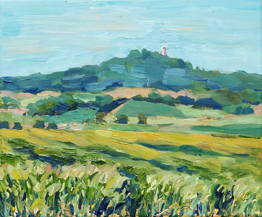 Image of Ansicht vom Bussen in der Abendsonne by Karina Semenyuk, size: 25 x 30, made of Oil on canvas, Paintings medium, from Unlingen, Germany, part of the Summer 2025 series, priced at €90