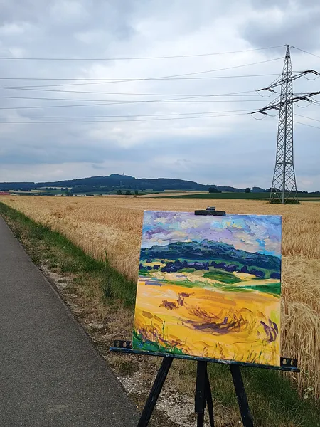Image of Wolken über dem Bussen by Karina Semenyuk, size: 40 x 40, made of Oil on canvas, Paintings medium, from Unlingen, Germany, part of the Summer 2025 series, priced at €260