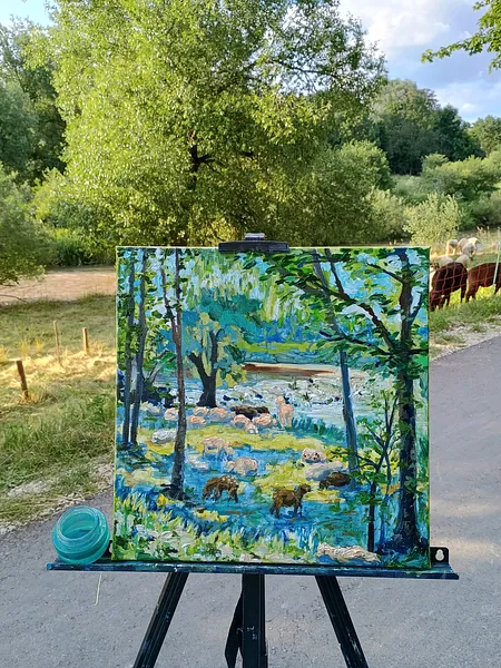 Image of Schafe grasen in der Nähe der Donaustromschnellen by Karina Semenyuk, size: 40 x 40, made of Oil on canvas, Paintings medium, from Riedlingen, Germany, part of the Summer 2025 series, priced at €300