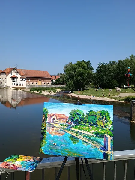 Image of Blick auf die alte Mühle und die Donauinsel an einem sonnigen Sommertag by Karina Semenyuk, size: 50 x 70, made of Oil on canvas, Paintings medium, from Riedlingen, Germany, part of the Summer 2025 series, priced at €460