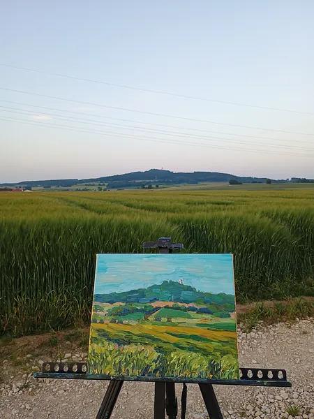 Image of Ansicht vom Bussen in der Abendsonne by Karina Semenyuk, size: 25 x 30, made of Oil on canvas, Paintings medium, from Unlingen, Germany, part of the Summer 2025 series, priced at €90