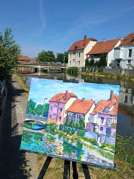 Image of Ansicht der Häuser an der Donau im 2025 by Karina Semenyuk, size: 40 x 50, made of Oil on canvas, Paintings medium, from Riedlingen, Germany, part of the Summer 2025 series, priced at €380