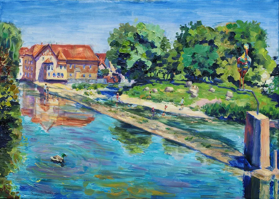 Image of Blick auf die alte Mühle und die Donauinsel an einem sonnigen Sommertag by Karina Semenyuk, size: 50 x 70, made of Oil on canvas, Paintings medium, from Riedlingen, Germany, part of the Summer 2025 series, priced at €460