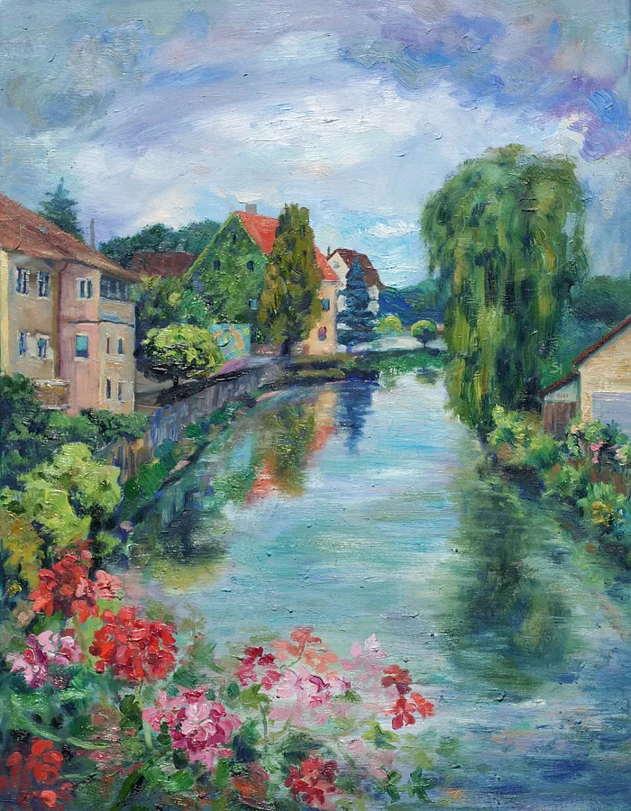 Image of Überwuchertes Haus und Weide an der Donau by Karina Semenyuk, size: 58 x 75, made of Oil on canvas, Paintings medium, from Riedlingen, Germany, part of the Summer 2025 series, priced at €500