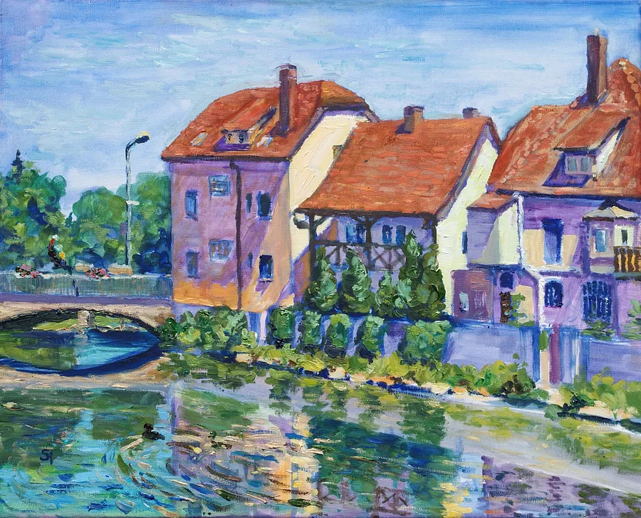 Image of Ansicht der Häuser an der Donau im 2025 by Karina Semenyuk, size: 40 x 50, made of Oil on canvas, Paintings medium, from Riedlingen, Germany, part of the Summer 2025 series, priced at €380